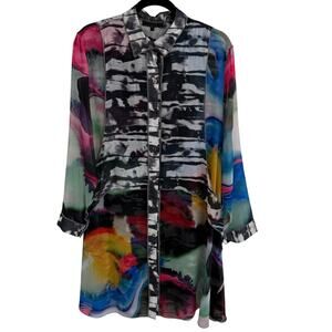 Funsport Multicolor Abstract Print Button Front Sheer Tunic Top Womens Large